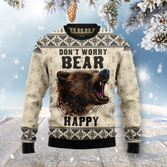 Don't Worry Bear Happy HZ102610 Ugly Christmas Sweater unisex womens & mens, couples matching, friends, funny family sweater gifts (plus size available)