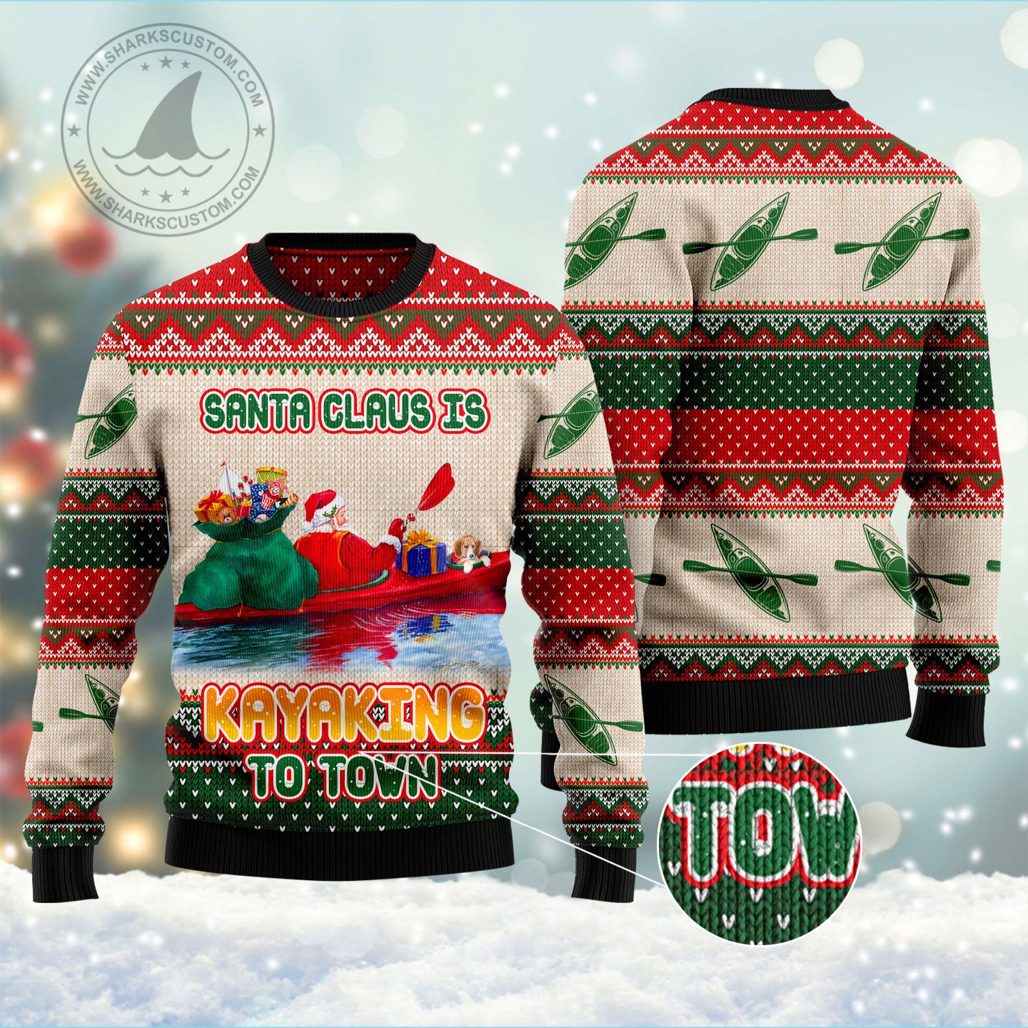 Santa Claus Is Kayaking To Town HT101306 Ugly Christmas Sweater unisex womens & mens, couples matching, friends, funny family sweater gifts (plus size available)