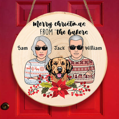 Merry Christmas From The Bakers Couple And Dog Personalizedwitch Personalized Round Wood Sign Outdoor Decor