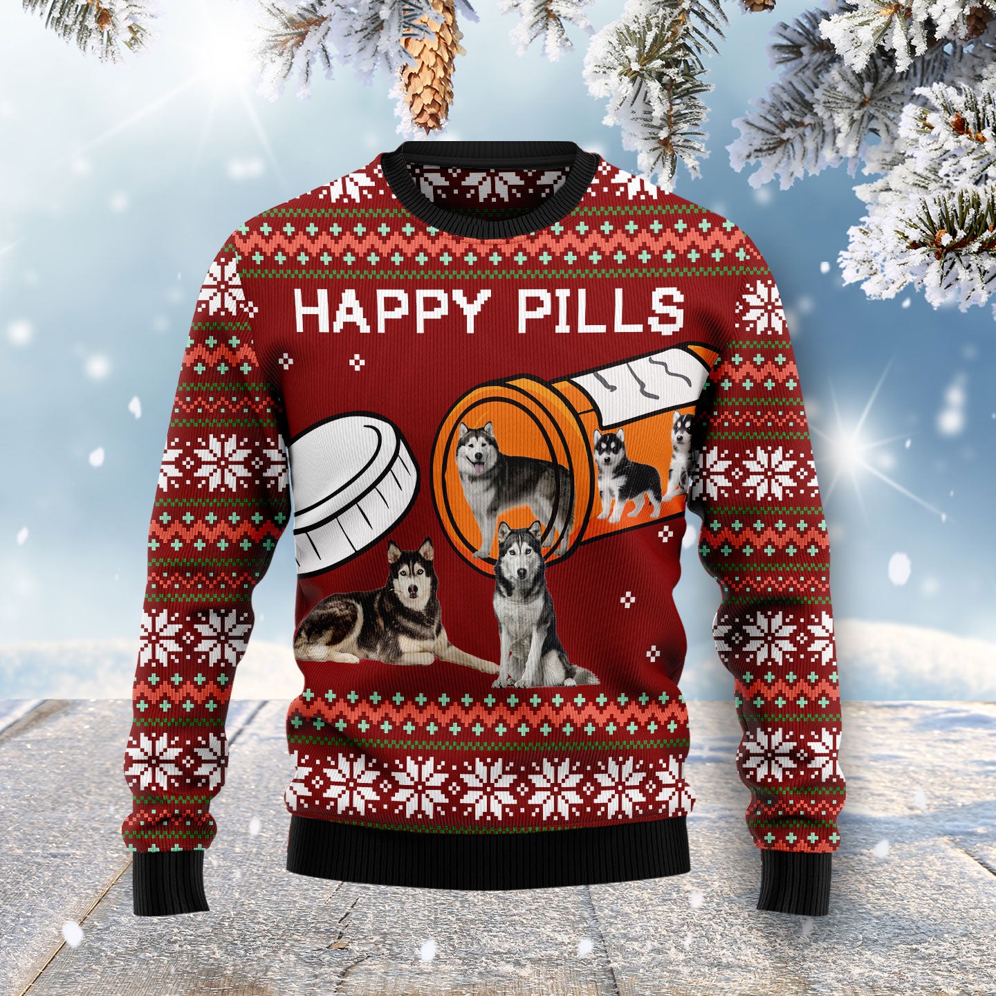 Siberian Husky Happy Pills HZ100607 Ugly Christmas Sweater