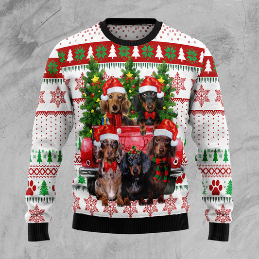 Dachshund Red Truck D2610 Ugly Christmas Sweater