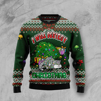 Funny Cat I Will Destroy Christmas HT100708 Ugly Christmas Sweater