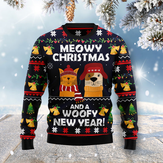 Meowy Christmas And Woofy New Year HZ120301 unisex womens & mens, couples matching, friends, funny family ugly christmas holiday sweater gifts (plus size available)