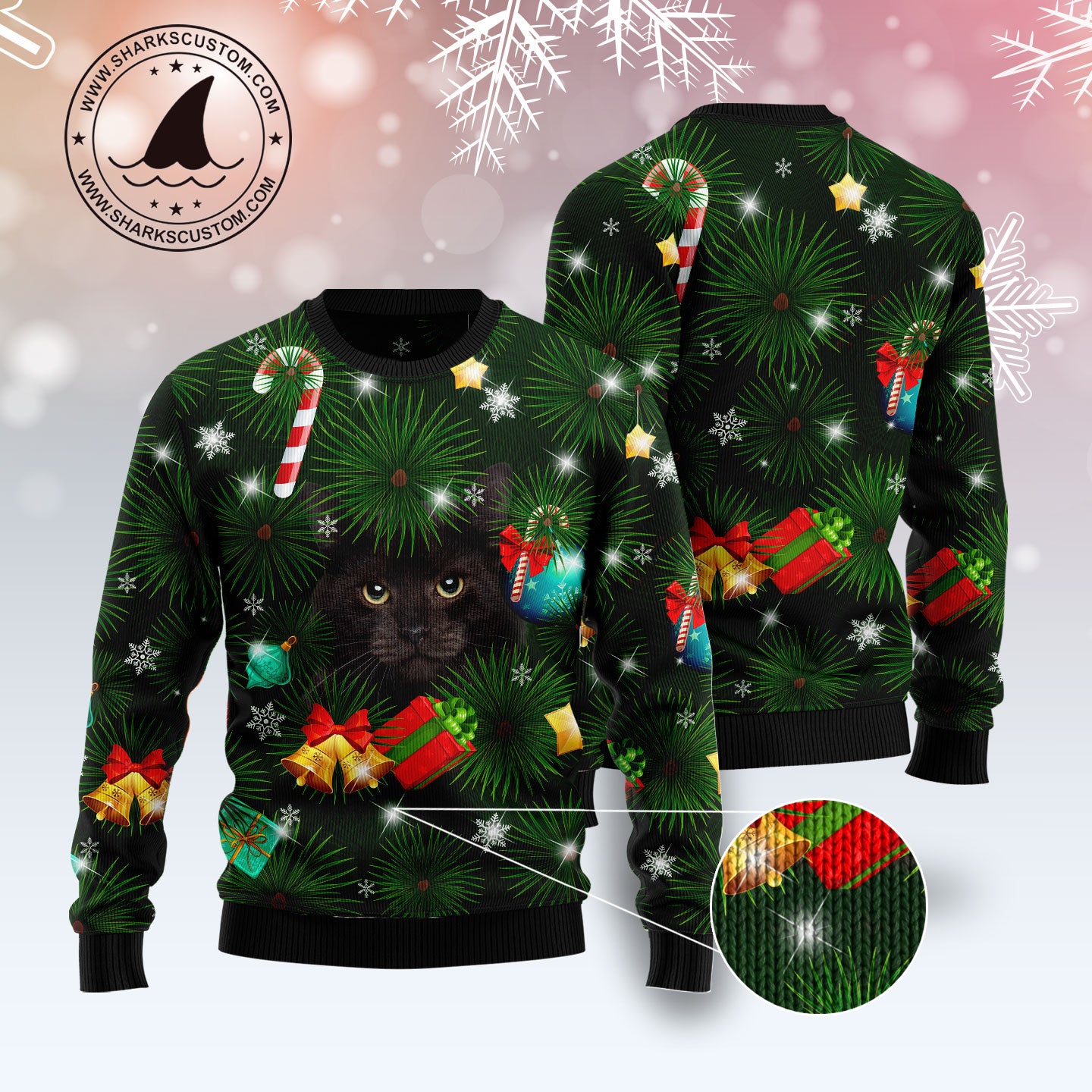 Black Cat Inside Tree TY1111 Ugly Christmas Sweater