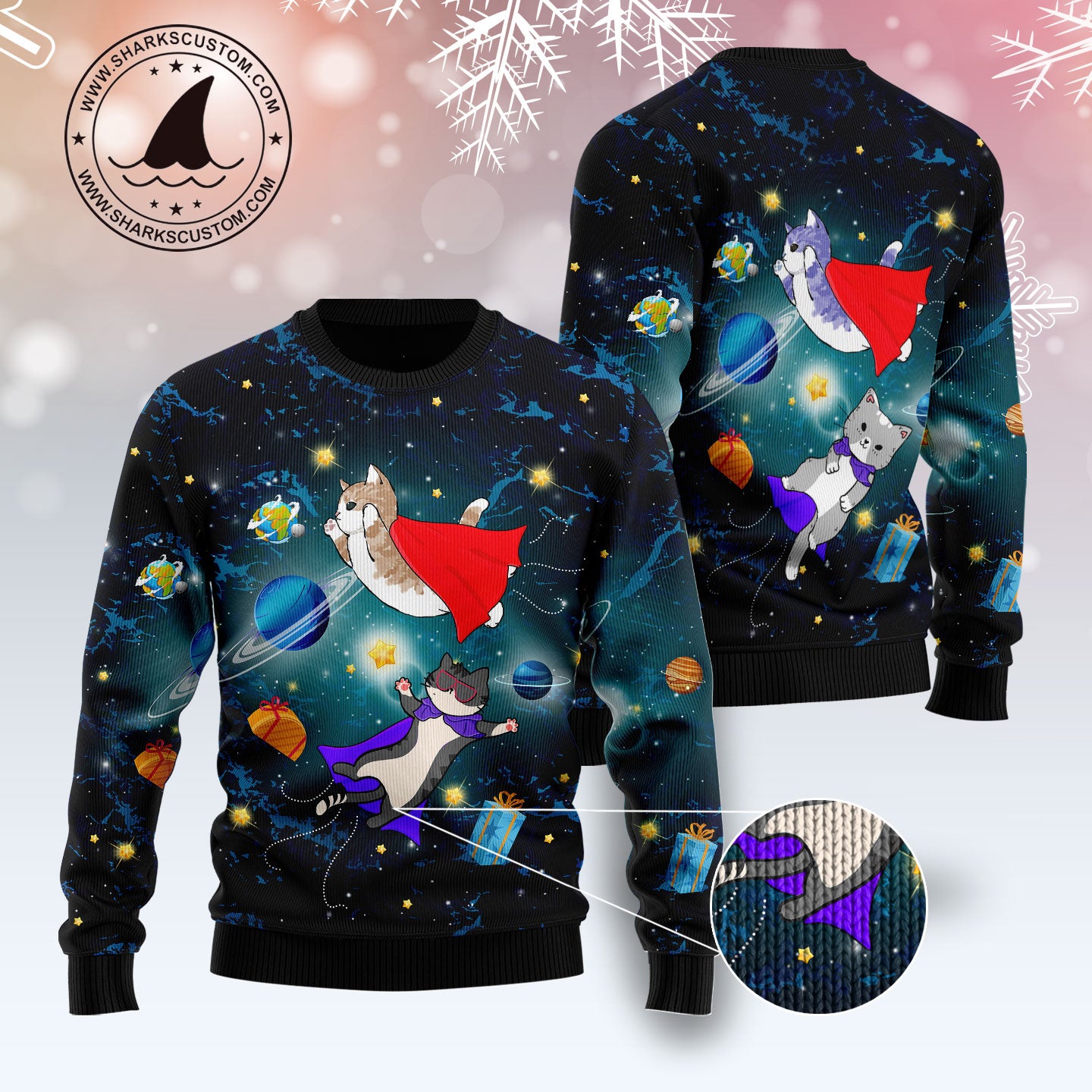 Cat Galaxy TY2411 unisex womens & mens, couples matching, friends, funny family ugly christmas holiday sweater gifts (plus size available)