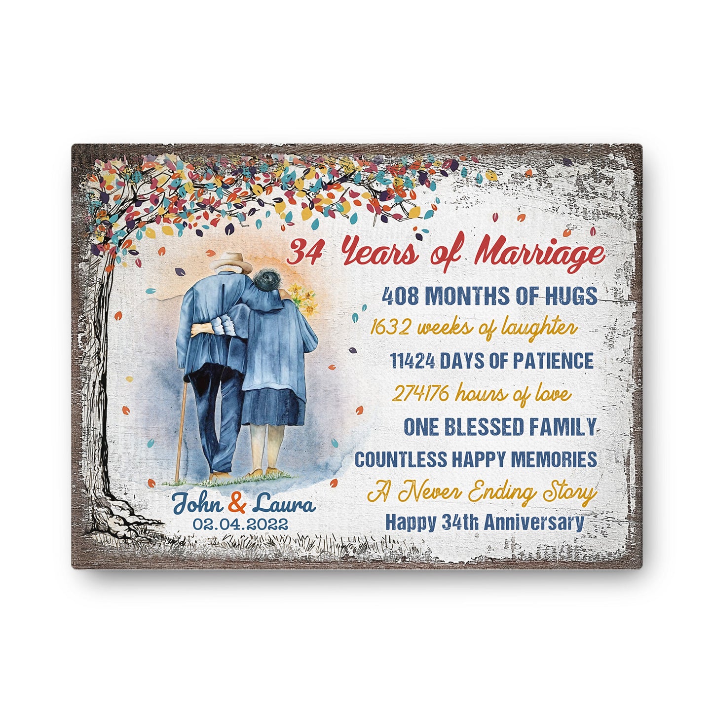 34 Years Of Marriage Tree Colorful Personalizedwitch Canvas