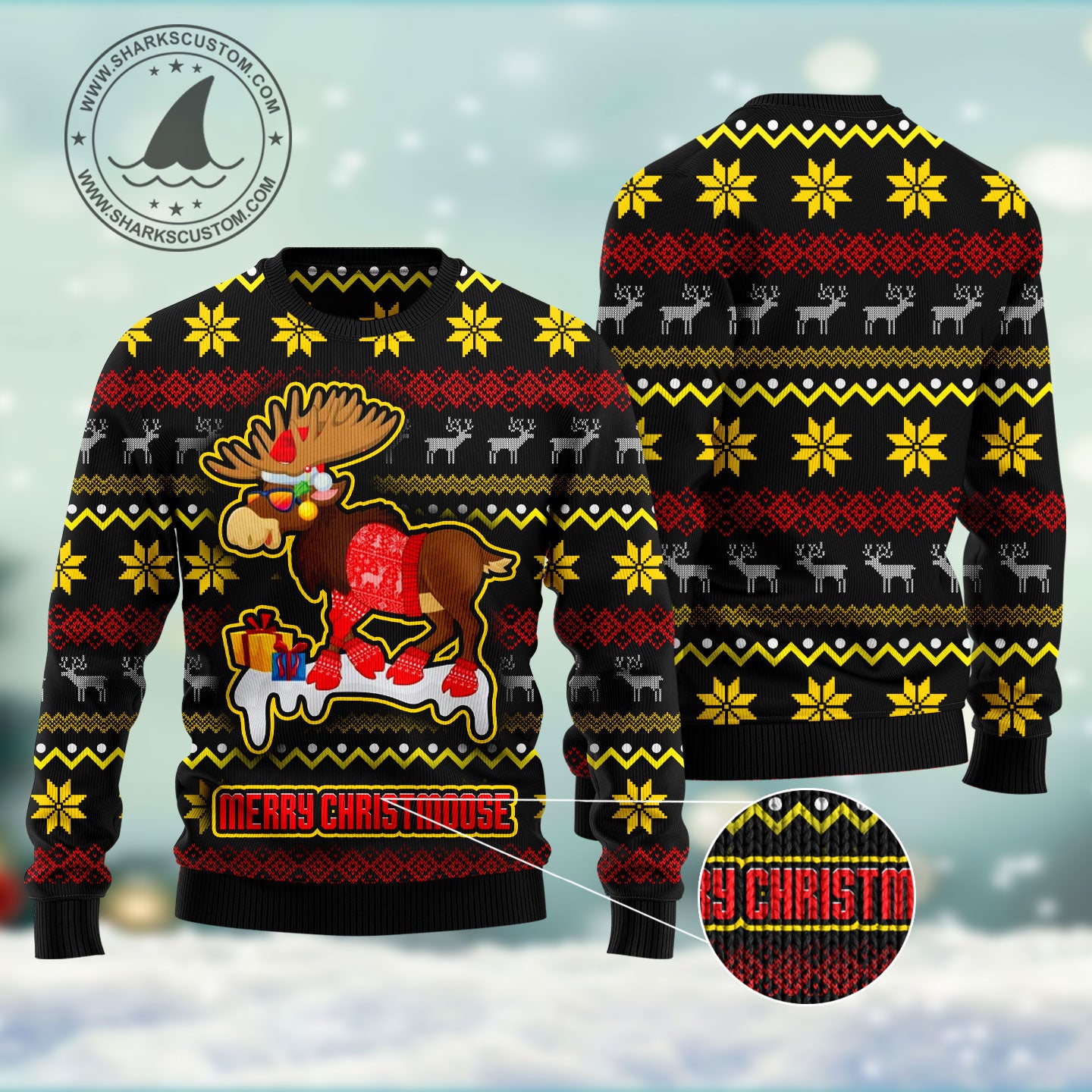 Moose HT071206 Ugly Christmas Sweater unisex womens & mens, couples matching, friends, funny family ugly christmas holiday sweater gifts (plus size available)