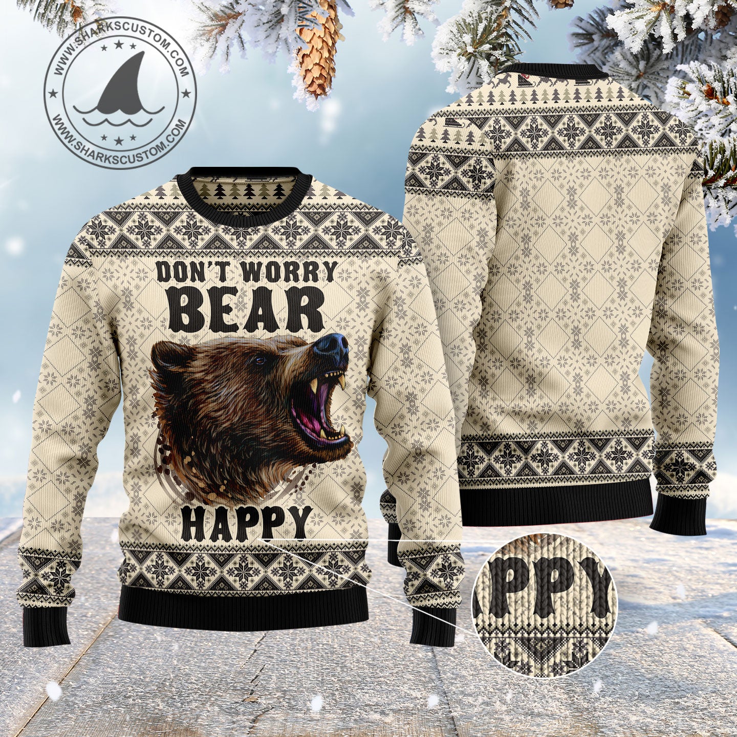 Don't Worry Bear Happy HZ102610 Ugly Christmas Sweater unisex womens & mens, couples matching, friends, funny family sweater gifts (plus size available)