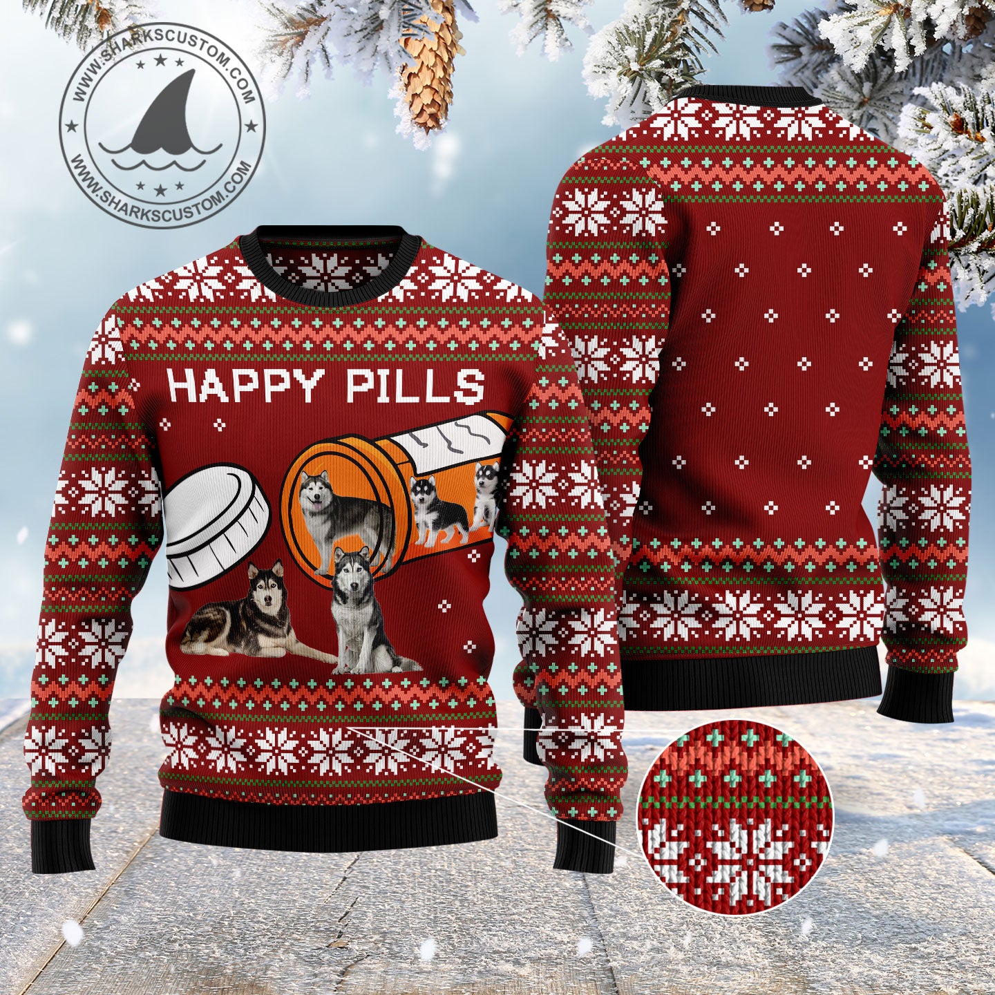 Siberian Husky Happy Pills HZ100607 Ugly Christmas Sweater