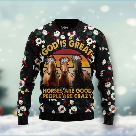 God is great horses are good people are crazy HT271105 unisex womens & mens, couples matching, friends, funny family ugly christmas holiday sweater gifts (plus size available)