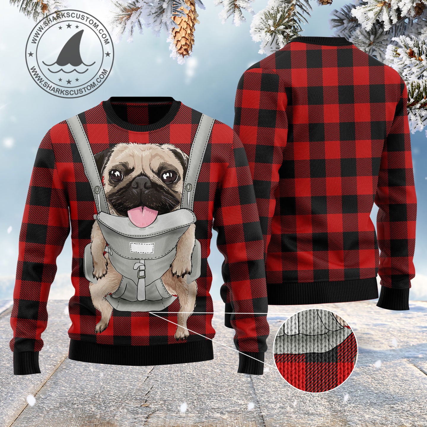 Front Carrier Dog Pug HZ102605 Ugly Christmas Sweater unisex womens & mens, couples matching, friends, funny family sweater gifts (plus size available)