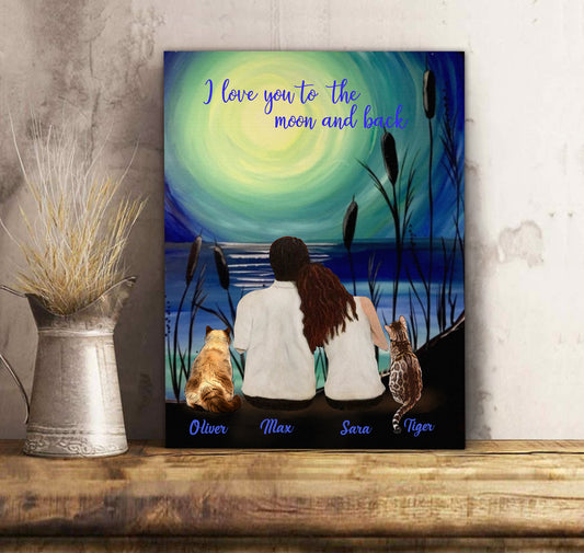 Custom personalized cat & owners canvas Pet remembrance print gift idea for the whole family - Couple And Moonlight - PersonalizedWitch