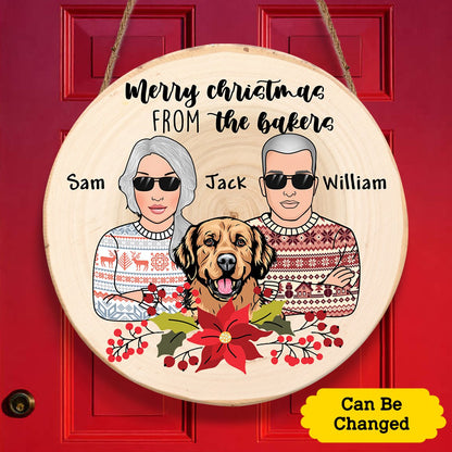 Merry Christmas From The Bakers Couple And Dog Personalizedwitch Personalized Round Wood Sign Outdoor Decor
