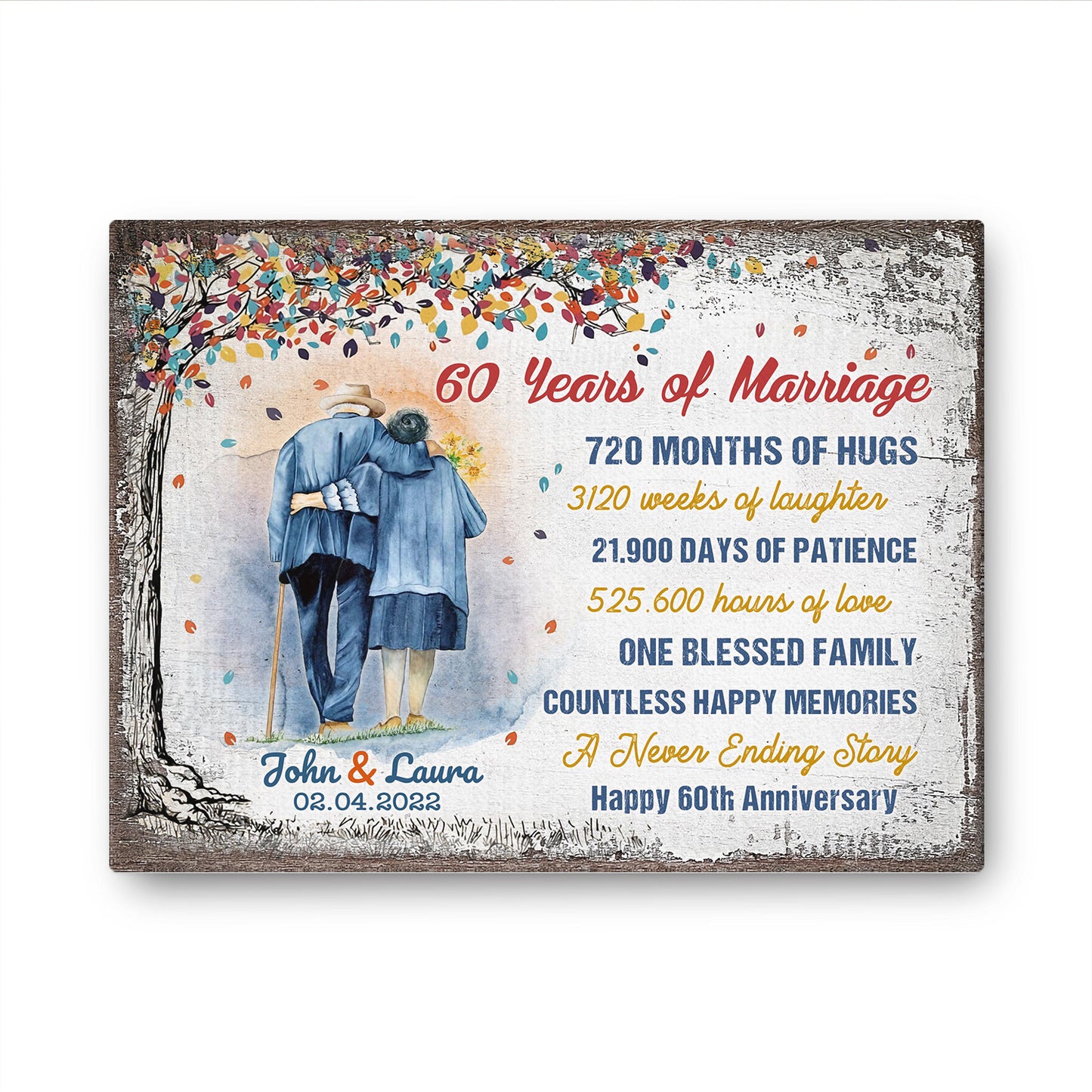 60 Years Of Marriage Tree Colorful Personalizedwitch Canvas Valentine Gifts
