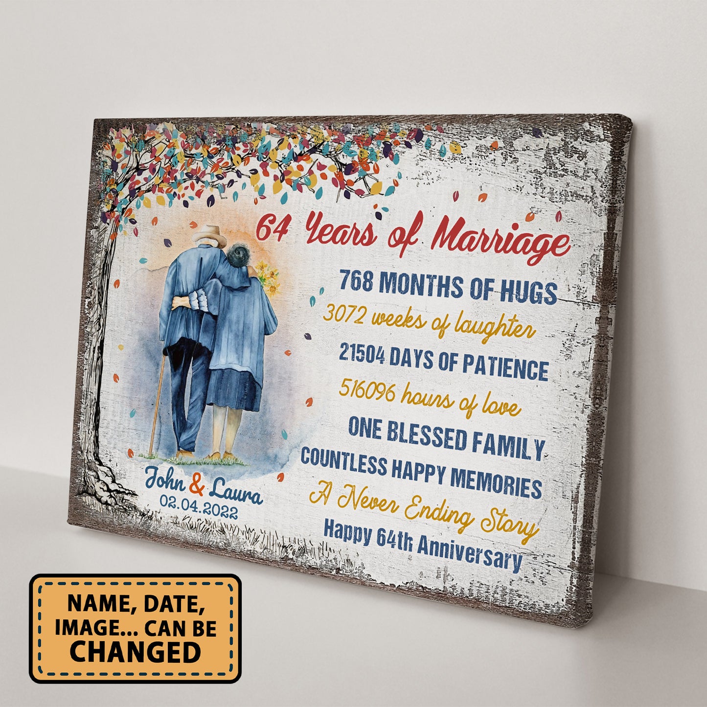 64 Years Of Marriage Tree Colorful Personalizedwitch Canvas