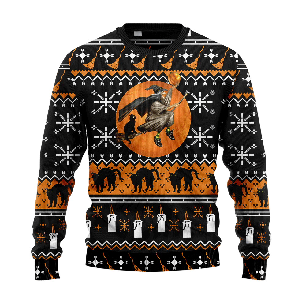 Cat And Witch T1109 - All Over Print Halloween Sweater