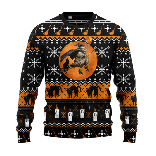 Cat And Witch T1109 - All Over Print Halloween Sweater