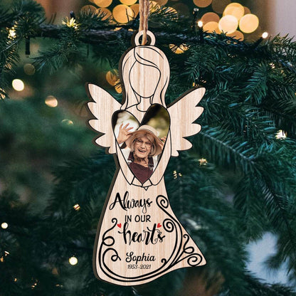 Always in Our Hearts Angel Custom Family Member Image in heaven Personalizedwitch Christmas Personalized Layered Wood Memorial Ornament
