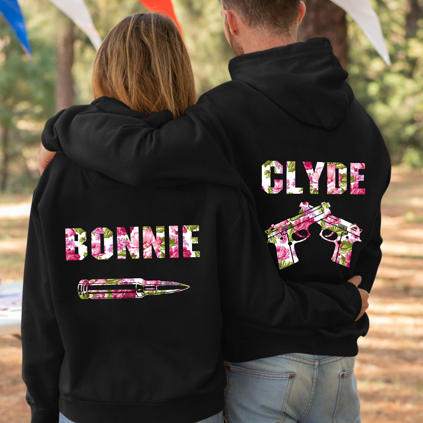 Bonnie and Clyde Crime Partners Flower Valentine Gift Couple Matching Hoodie
