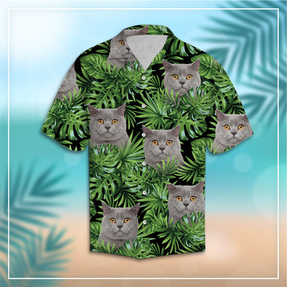 Custom Photo Cat Green Tropical Leaves - Hawaiian Shirt
