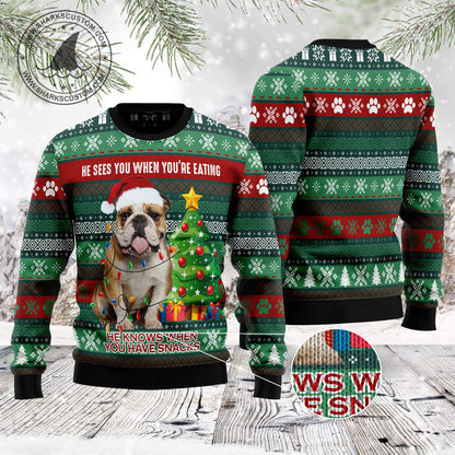 Bulldog Loves Snacks TG5123 unisex womens & mens, couples matching, friends, bulldog lover, dog lover, dog gift, funny family ugly christmas holiday sweater gifts (plus size available)