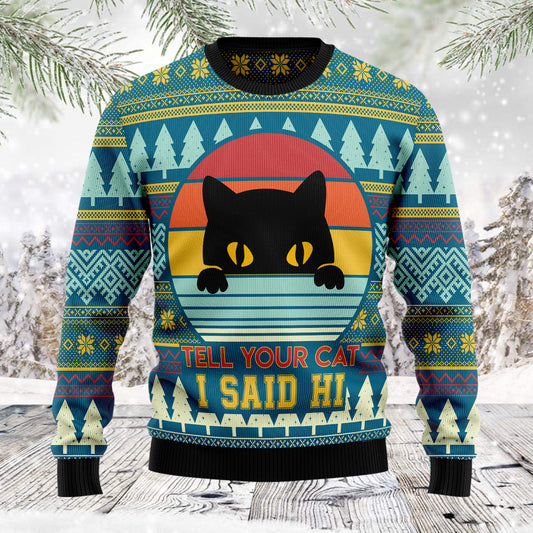 Cat Say Hi TG5121 unisex womens & mens, couples matching, friends, cat lover, cat mom, funny family ugly christmas holiday sweater gifts (plus size available)