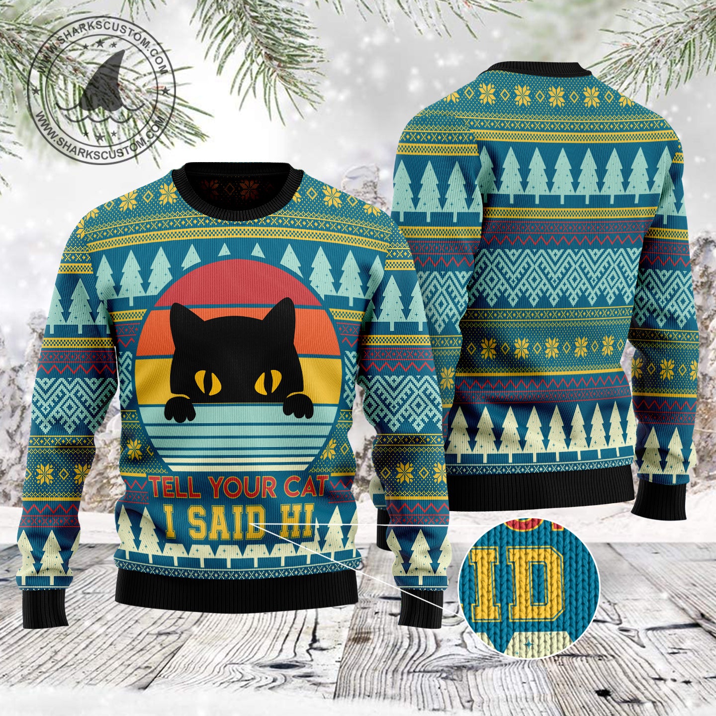 Cat Say Hi TG5121 unisex womens & mens, couples matching, friends, cat lover, cat mom, funny family ugly christmas holiday sweater gifts (plus size available)