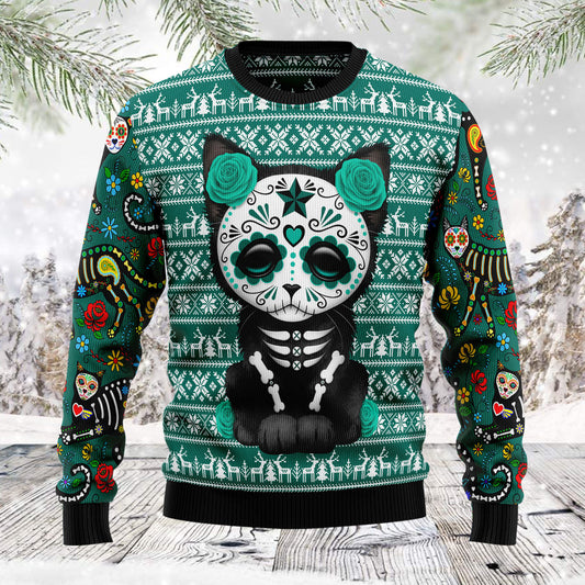 Cat Sugar Skull TG5124 unisex womens & mens, couples matching, friends, cat lover, cat mom, funny family ugly christmas holiday sweater gifts (plus size available)