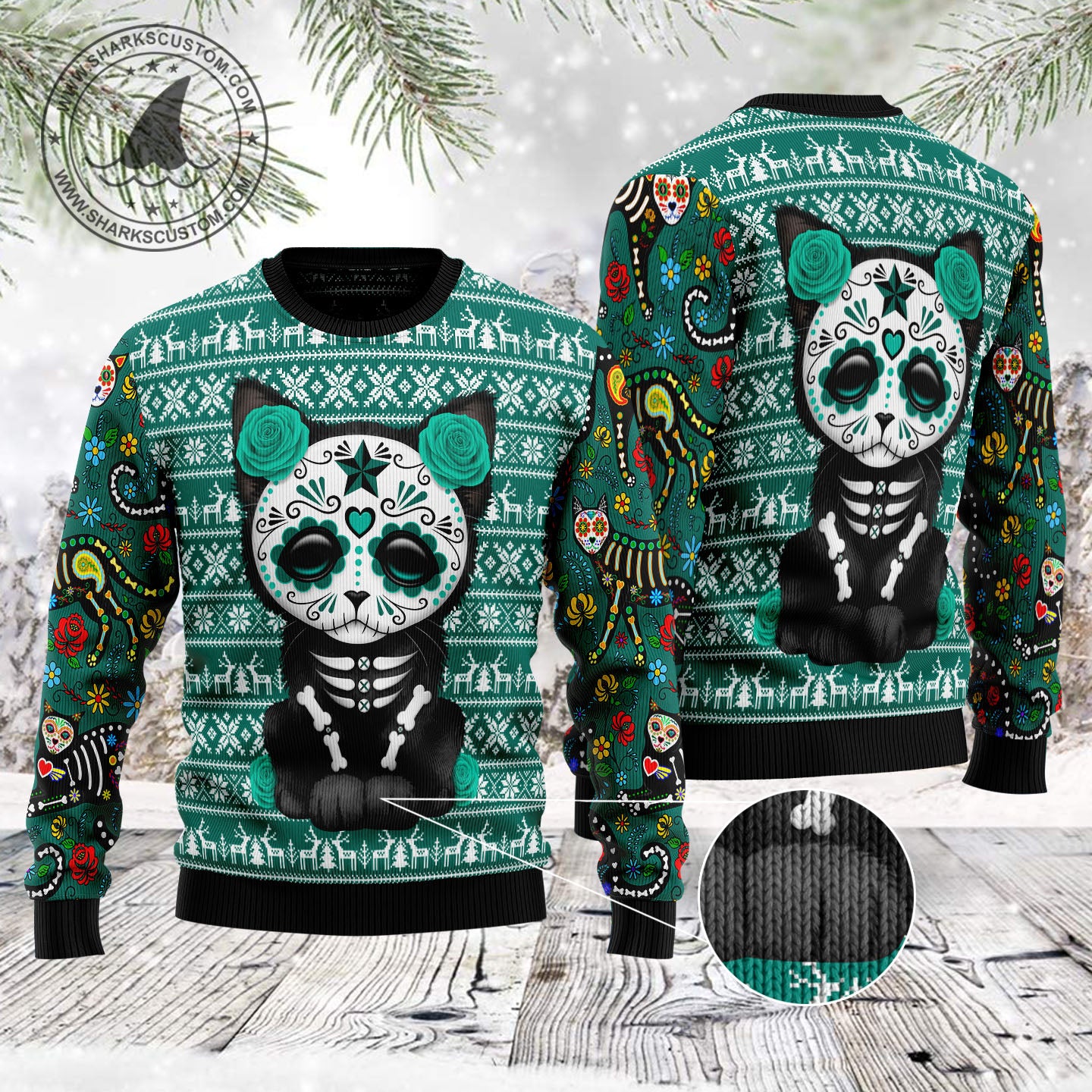 Cat Sugar Skull TG5124 unisex womens & mens, couples matching, friends, cat lover, cat mom, funny family ugly christmas holiday sweater gifts (plus size available)