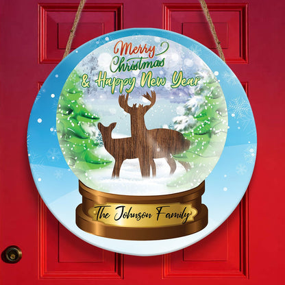 Christmas Deer Snow Globe Custom Family Name Personalizedwitch Personalized Round Wood Sign Outdoor Decor