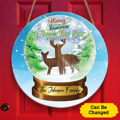 Christmas Deer Snow Globe Custom Family Name Personalizedwitch Personalized Round Wood Sign Outdoor Decor