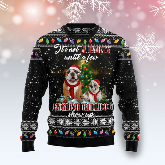 English Bulldog Show Up D1111 Ugly Christmas Sweater unisex womens & mens, couples matching, friends, funny family ugly christmas holiday sweater gifts (plus size available)