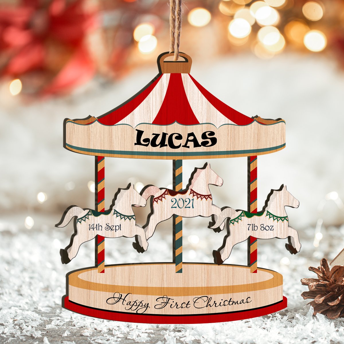 First Christmas Carousel Personalizedwitch Personalized Printed Wood Ornament