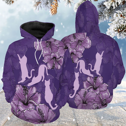 Purple Hibiscus Cat G5121 unisex womens & mens, couples matching, friends, cat lover, cat mom, funny family sublimation 3D hoodie christmas holiday gifts (plus size available)
