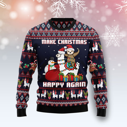 Llama Sloth Make Christmas Happy Again HT031201 Ugly Christmas Sweater unisex womens & mens, couples matching, friends, funny family ugly christmas holiday sweater gifts (plus size available)