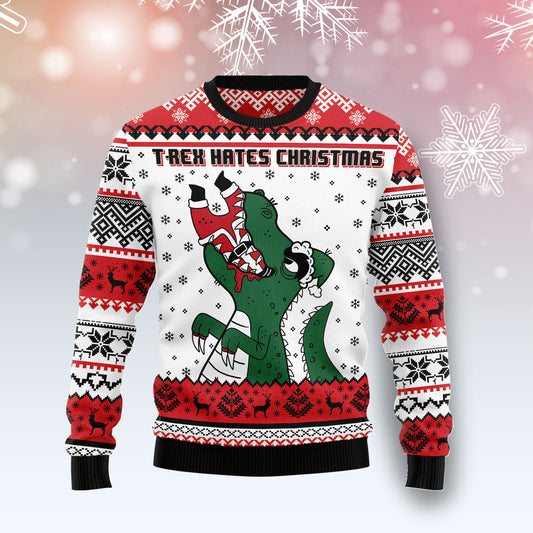 T-Rex Hates Christmas HT071225 Ugly Christmas Sweater unisex womens & mens, couples matching, friends, funny family ugly christmas holiday sweater gifts (plus size available)