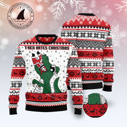 T-Rex Hates Christmas HT071225 Ugly Christmas Sweater unisex womens & mens, couples matching, friends, funny family ugly christmas holiday sweater gifts (plus size available)