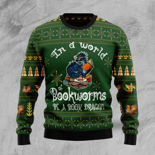 In a world of bookworms be a book dragon HZ102803 Ugly Christmas Sweater unisex womens & mens, couples matching, friends, funny family sweater gifts (plus size available)