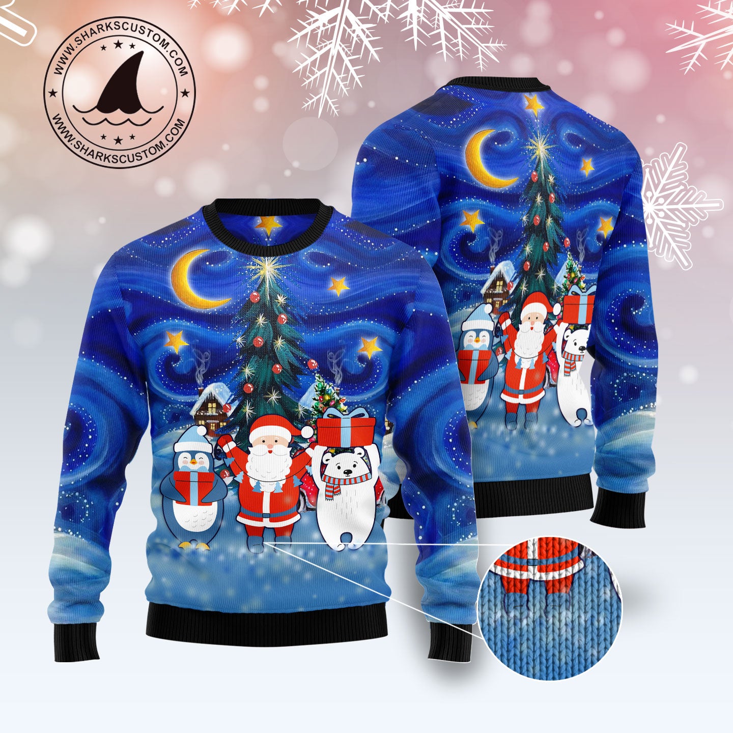 Christmas card polar bear santa penguin HZ113001 unisex womens & mens, couples matching, friends, funny family ugly christmas holiday sweater gifts (plus size available)