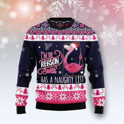 Flamingo I Am The Reason Santa Has A Naughty HZ113005 unisex womens & mens, couples matching, friends, funny family ugly christmas holiday sweater gifts (plus size available)