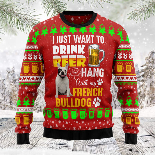 Hang With French Bulldog TG5122 unisex womens & mens, couples matching, friends, beer lover, funny family ugly christmas holiday sweater gifts (plus size available)