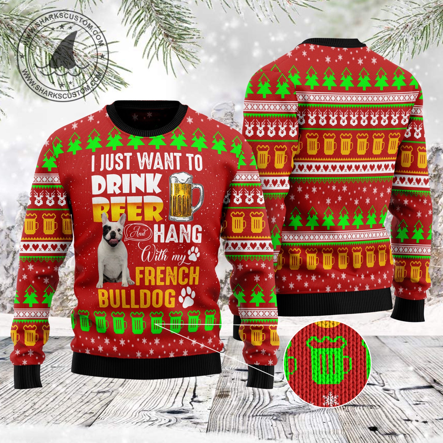 Hang With French Bulldog TG5122 unisex womens & mens, couples matching, friends, beer lover, funny family ugly christmas holiday sweater gifts (plus size available)