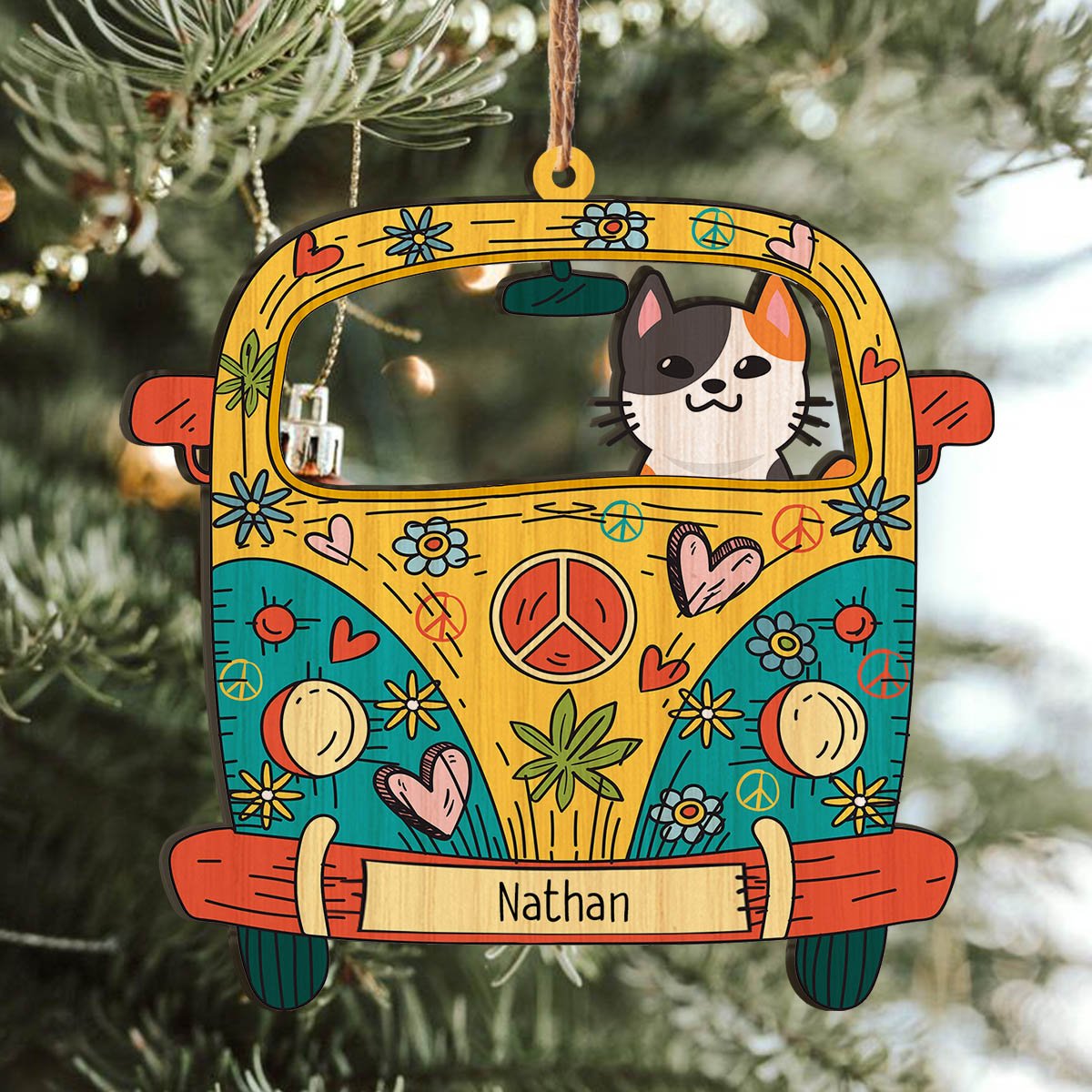 Hippie Cat Personalizedwitch Personalized Christmas Printed Wood Ornament