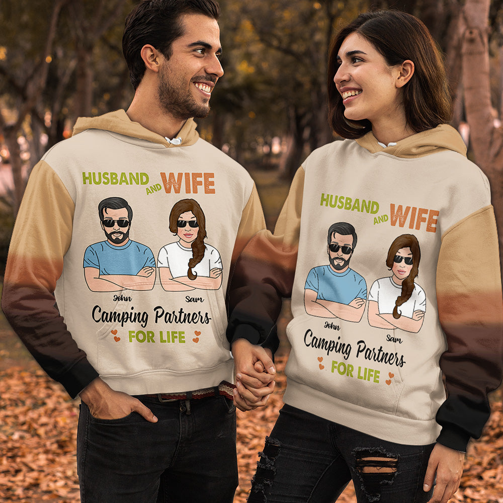 Husband And Wife Camping Partners For Life All Over Print Valentine Gift Couple Matching 3D Hoodie
