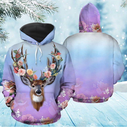 Deer Flowers TY0212 unisex womens & mens, couples matching, friends, funny family sublimation 3D hoodie christmas holiday gifts (plus size available)