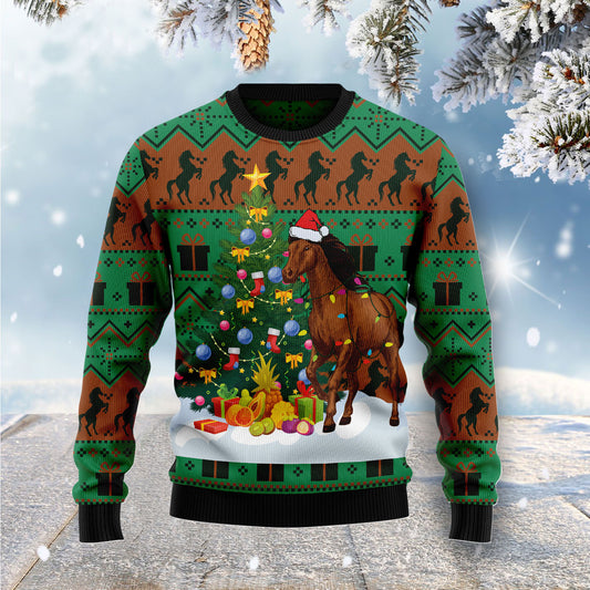 Christmas Tree Horse G5128 - Ugly Christmas Sweater unisex womens & mens, couples matching, friends, horse lover, funny family sweater gifts (plus size available)