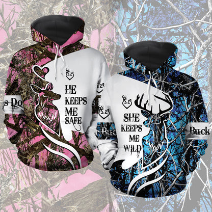 He Keeps Me Safe She Keeps Me Wild All Hunting Couple Over Print Valentine Gift Couple Matching 3D Hoodie