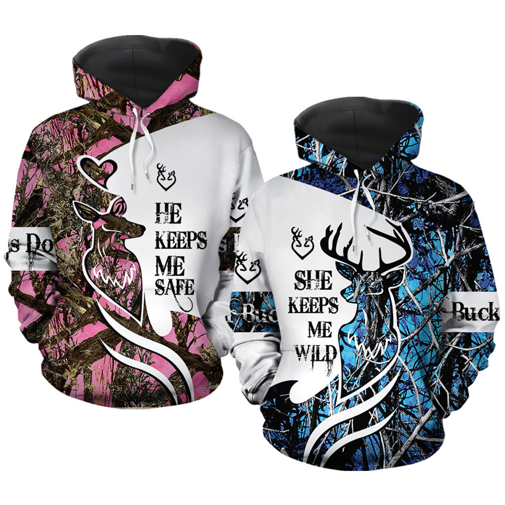 He Keeps Me Safe She Keeps Me Wild All Hunting Couple Over Print Valentine Gift Couple Matching 3D Hoodie