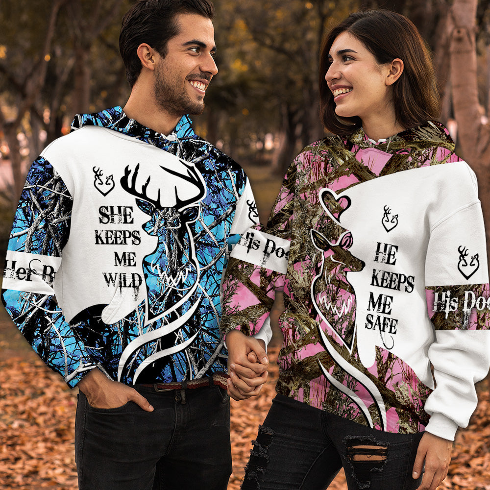He Keeps Me Safe She Keeps Me Wild All Hunting Couple Over Print Valentine Gift Couple Matching 3D Hoodie