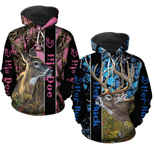 Her Buck His Doe All Over Print Valentine Gift Couple Matching 3D Hoodie